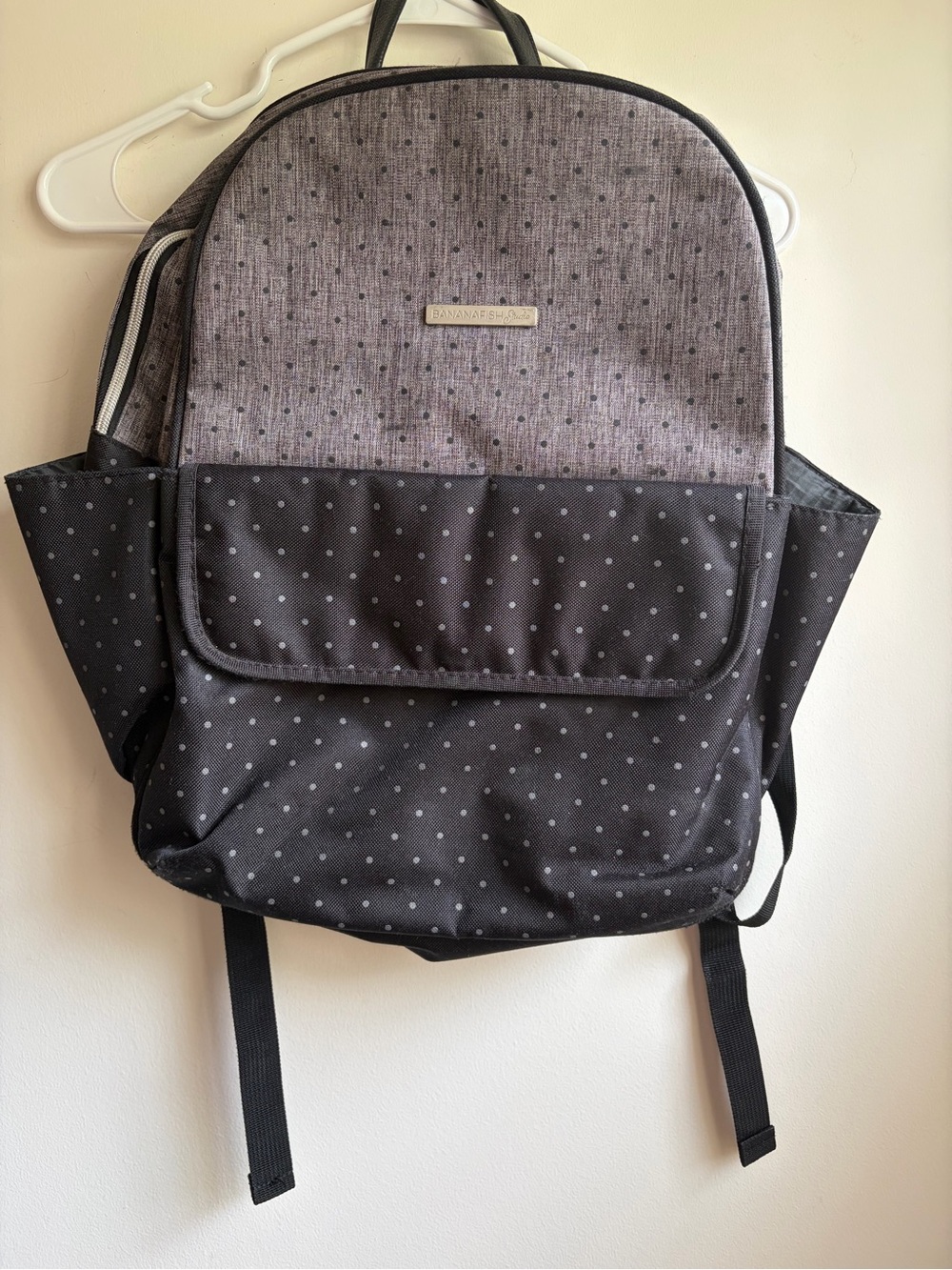 Bananafish Studio Dottie Diaper Backpack Heather Gray & Black Polka Dot NWOT